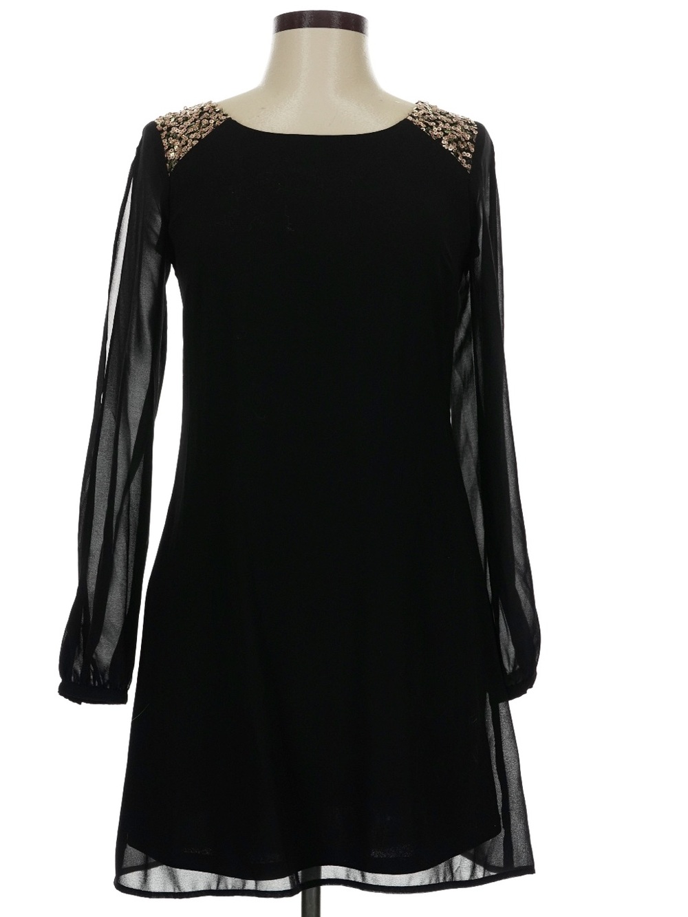Sequin Hearts Black Chiffon Gold Sequin Shoulder Long Sleeve Shift Dress M